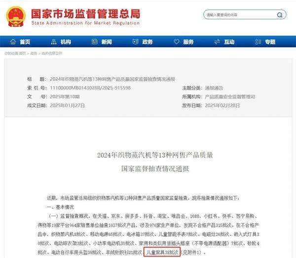 警惕！市场监管总局通报：38批次儿童家具不合格