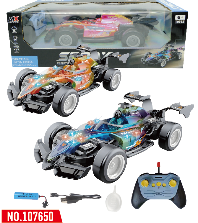 1：14 彩色喷镀灯 F1 遥控车七彩红/七彩蓝 2 色混合 27MHZ（内含）车身 3.7V 可充电锂电池、USB 线、水瓶、遥控器（不含 2AA）5 路