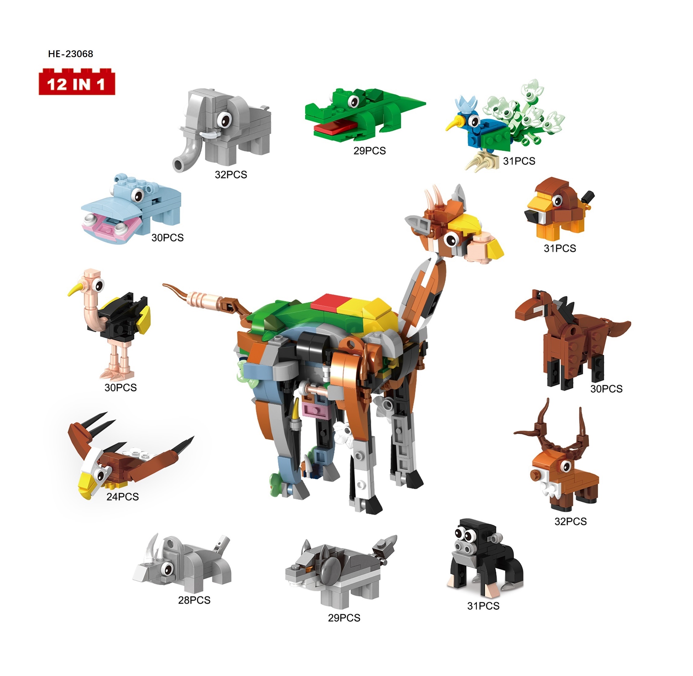 12 pieces of wild animals assembled to form a giraffe