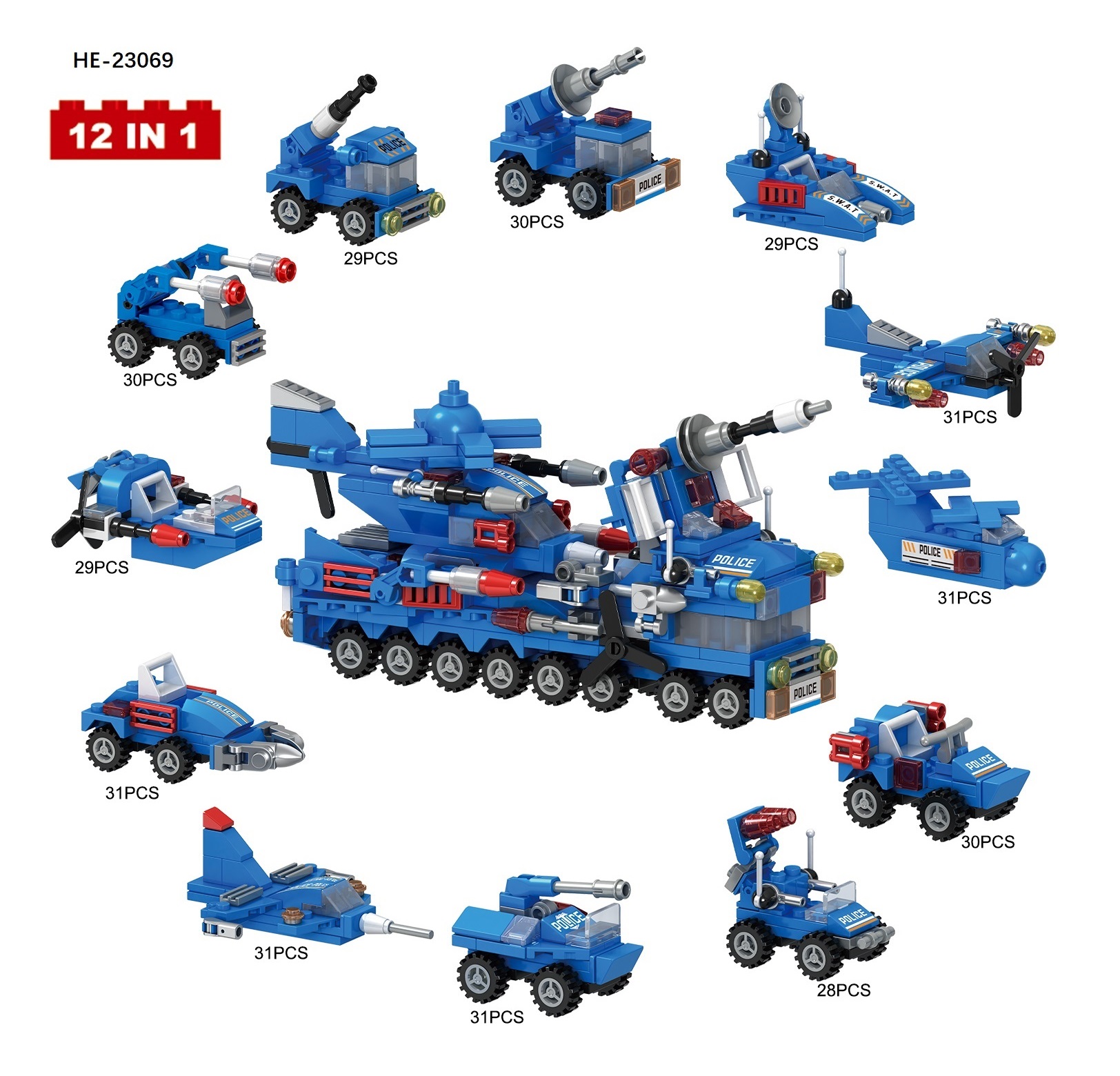 12 vehicles of the police series are assembled to form a large police vehicle.