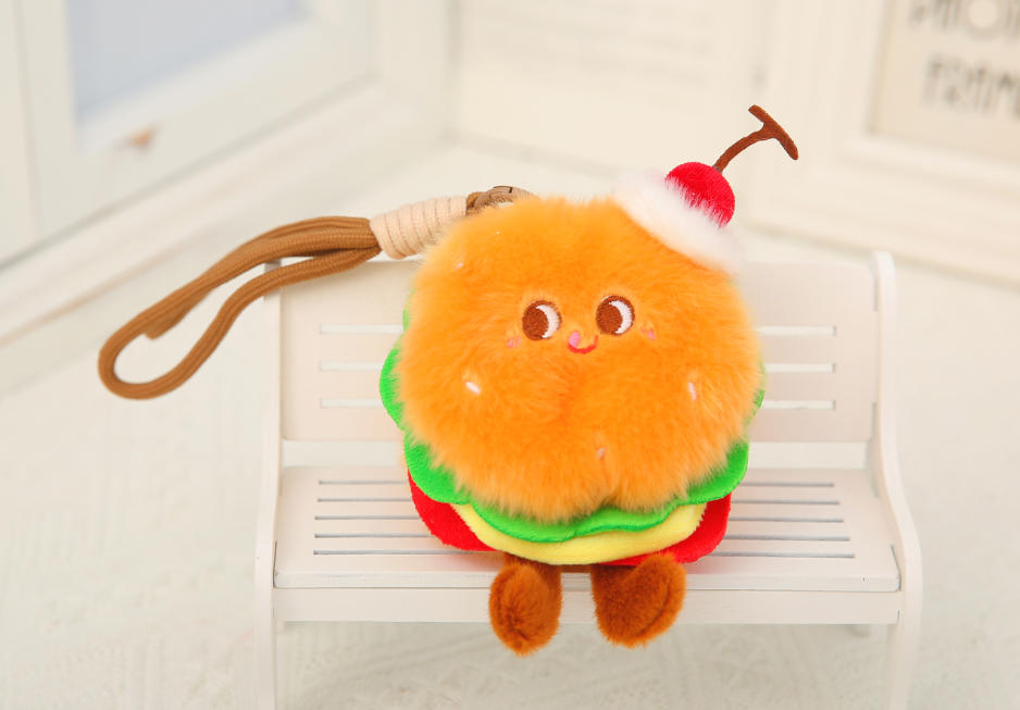 A plush hamburger keychain.