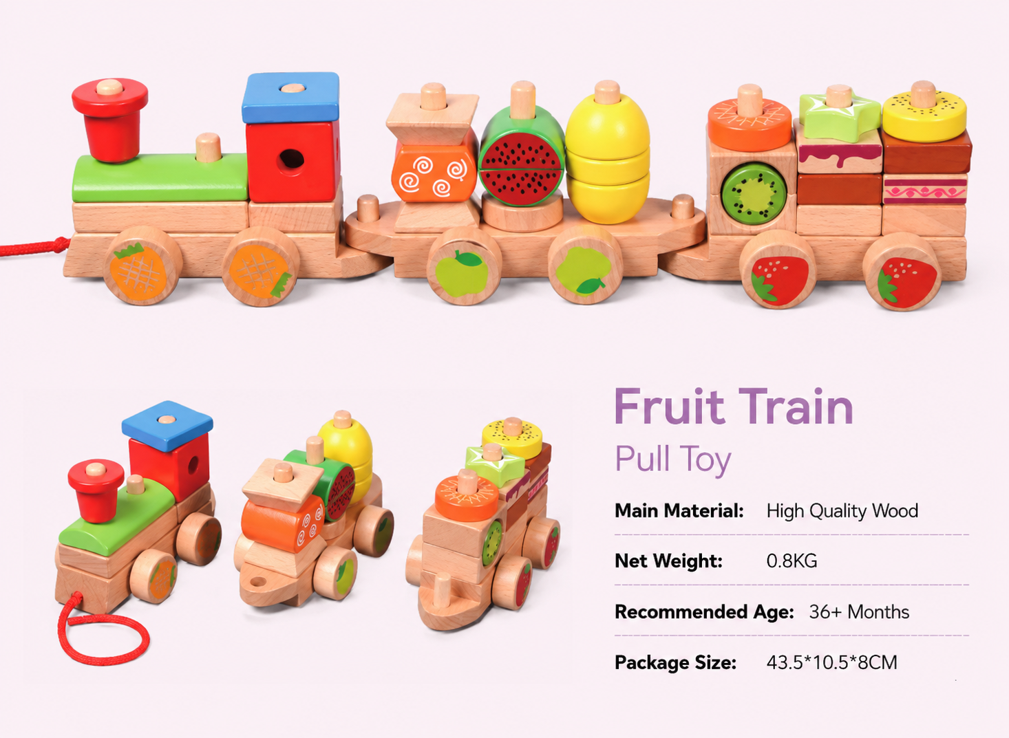 Colorful Wooden Fruit Train Intellectual Development Cognitive Training Quality-guaranteed educational wooden Toy 43.5X10.5X8cm for kids above 3 years old