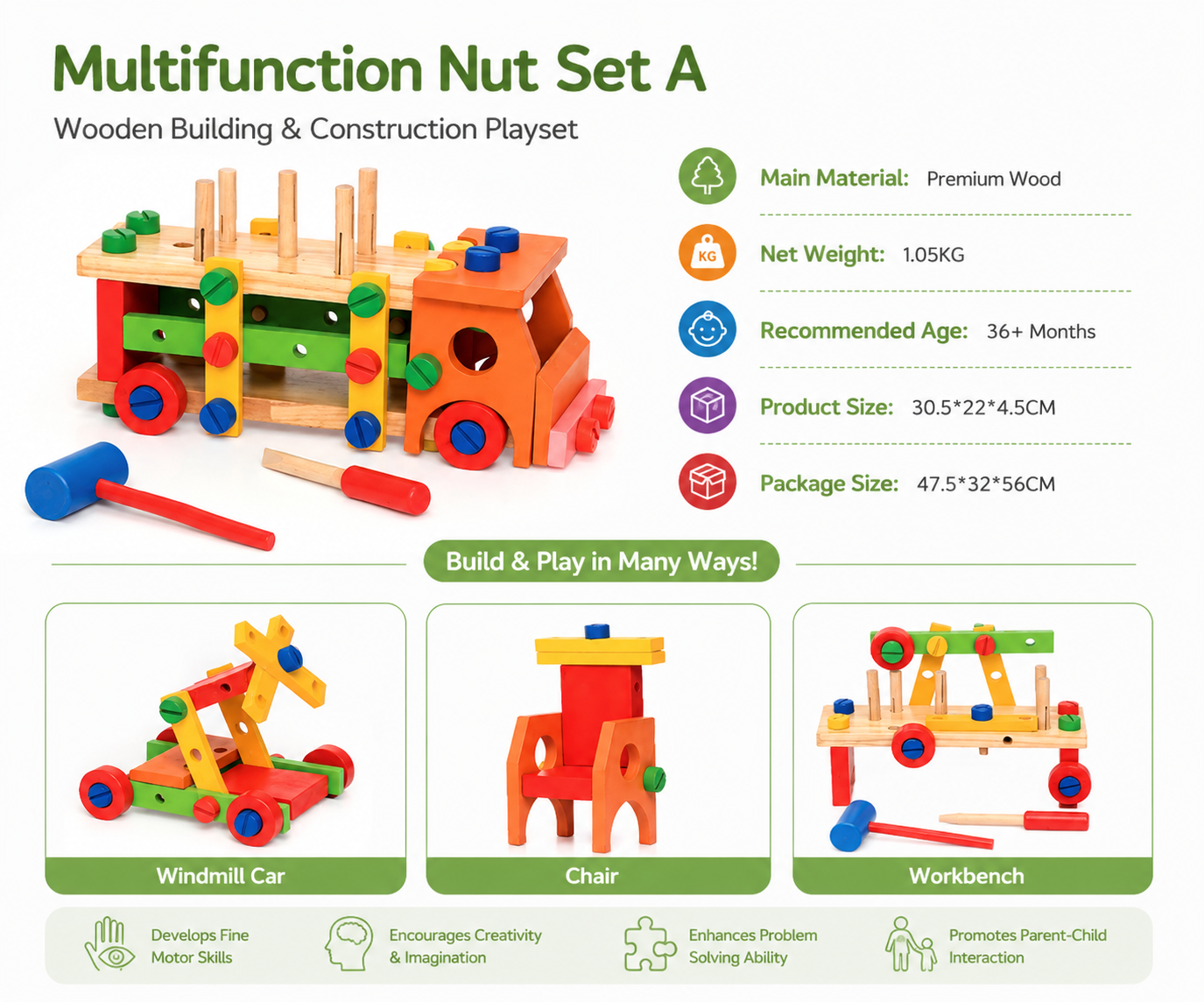 Colorful Multifunction Nut Suit A Educational toy Intellectual Development Cognitive Training wooden toys 30.5X22x4.5CM for Kids above 3 years old