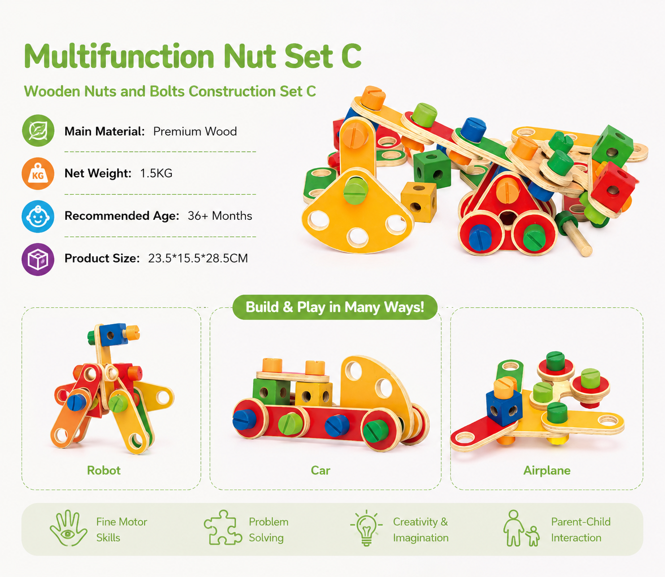 Colorful Multifunction Nut Suit C DIY Assembly with Creative Design Educational wooden toys 23.5X15.5X28.5CM for kids above 3 years