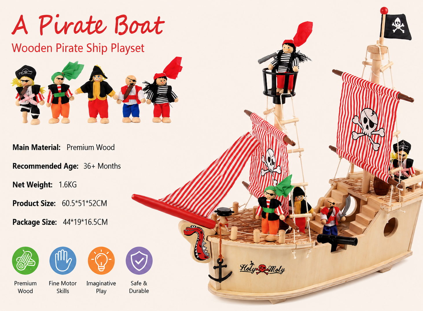 Creative Design Pirate Boat Eco-friendly early education DIY Assembly wooden toy 60.5X51X52CM for kids above 3 years