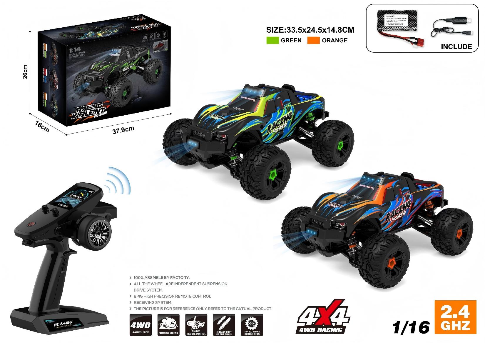 MH-013#1:16 2.4G 4WD Full scale High speed RC off-road car with big wheel & lights included 7.4V 1500MAH battery in car with USB cable, not included 3AA battery in controller
