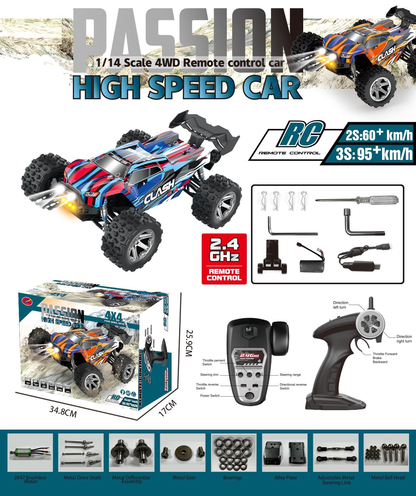 MH-8618S#1：14 2.4G 4WD Full scale High speed RC car included 7.4V 2000MAH battery in car with USB cable, not included 3AA battery in controller 2S version