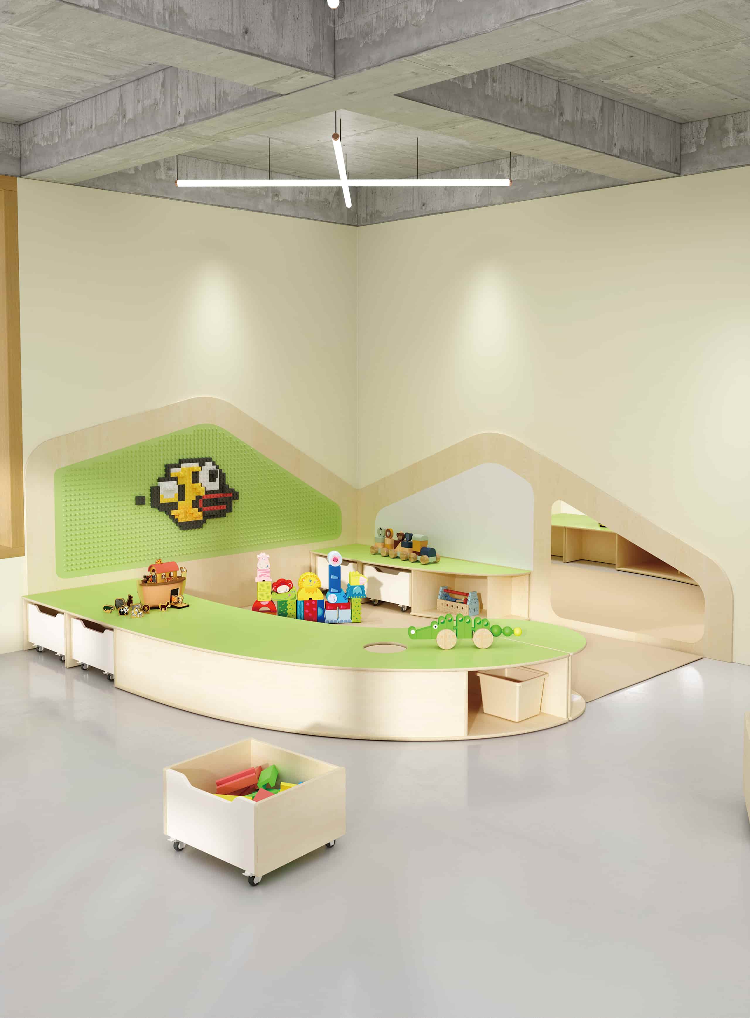 Construct a combination of corner cabinets in the construction area