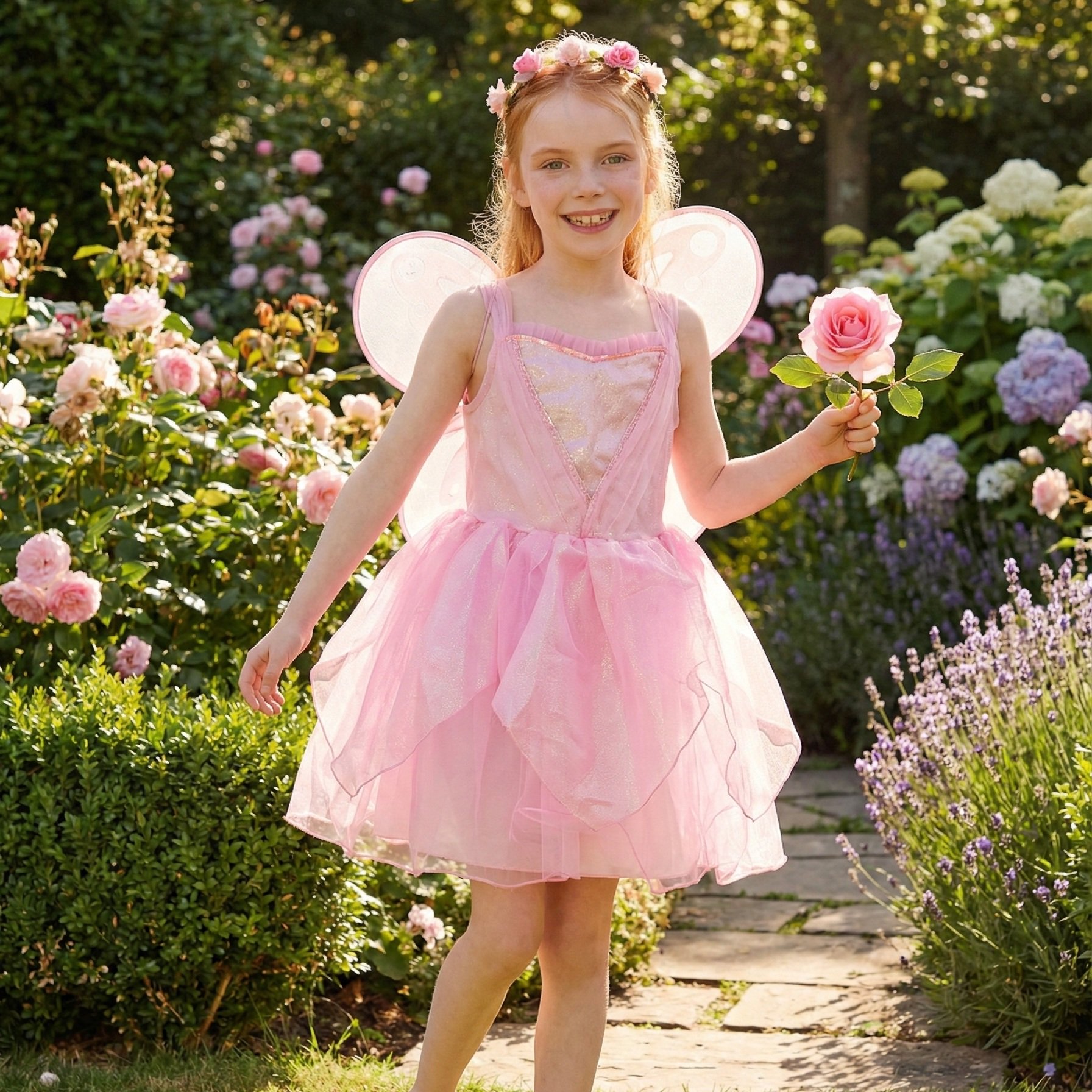 Girls Pink Butterfly Fairy Costume, Sparkly Princess Dress Up with Wings and Floral Headband for Toddler & Kids Halloween